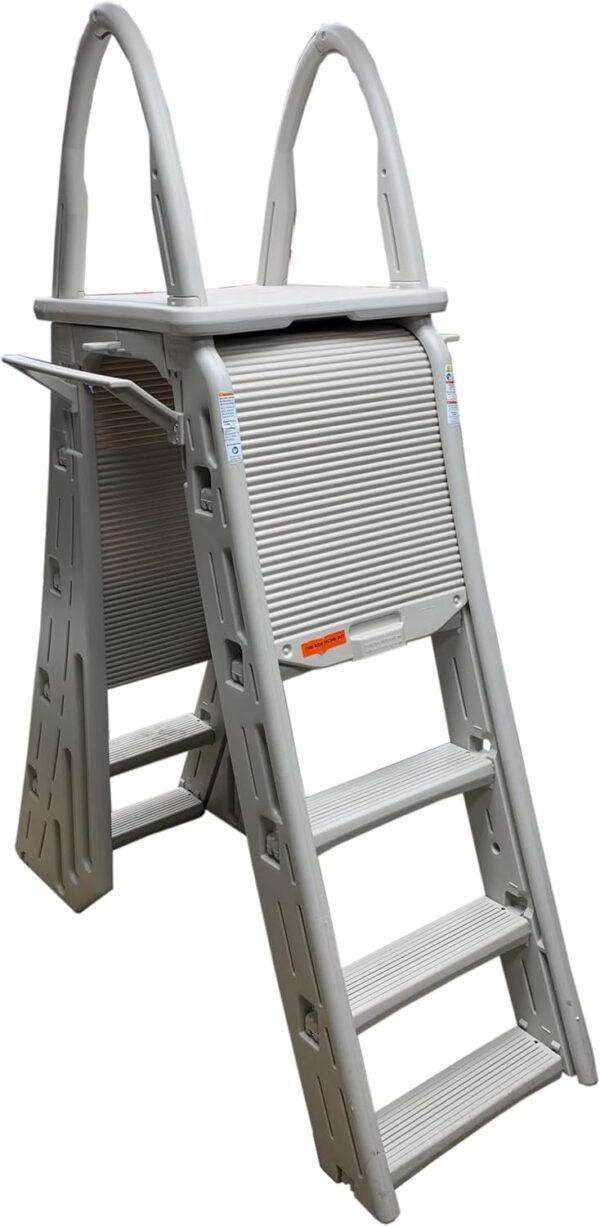 Confer Plastics 7200 Roll Guard 48′′ to 56′′ Adjustable A Frame Safety Ladder for Above Ground Outdoor Patio Swimming Pool Platform Ladder with Step Barrier, Warm Grey...