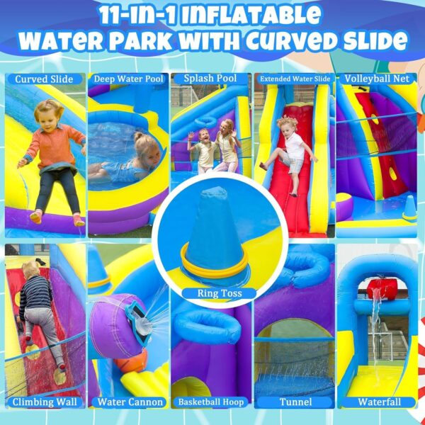 62980a7f96f1491eb275b6a886a35927 11-in-1 Inflatable Water Slide & Dolphin Bounce House w/2 Long Slides, 19.7 Ft x 13.1 Ft Extra Large Waterslide Climbing Wall w/Small Deeper Pool,Water Cannons,Hoop for Kids Backyard,550W Blower