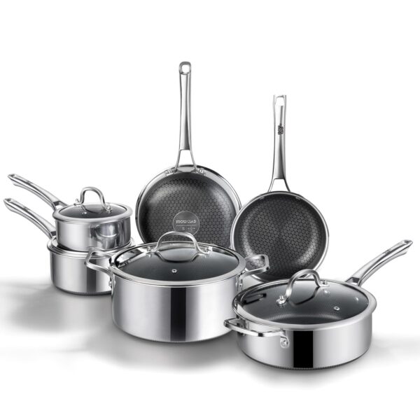 SNOWCLAD Pots and Pans set non stick, 10 pcs Hybrid Stainless Steel Cookware Sets, non stick Frying Pans