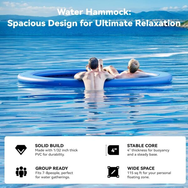 62a433b451364ab498b3e7fbaa3a41f7 Round Inflatable Floating Dock, Sunchill Float Ring, Hammock Tanning Pool with 4in Woven Fabric, Manual Pump for 1-2 Min Quick Inflate/Deflate, Fits 2-8, Ideal for Lakes, Pools, Oceans