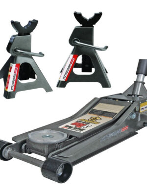 Pittsburg 3 Ton Low Profile Floor Jack and Jack Stands Set Combo with Rapid Pump Quick Lift