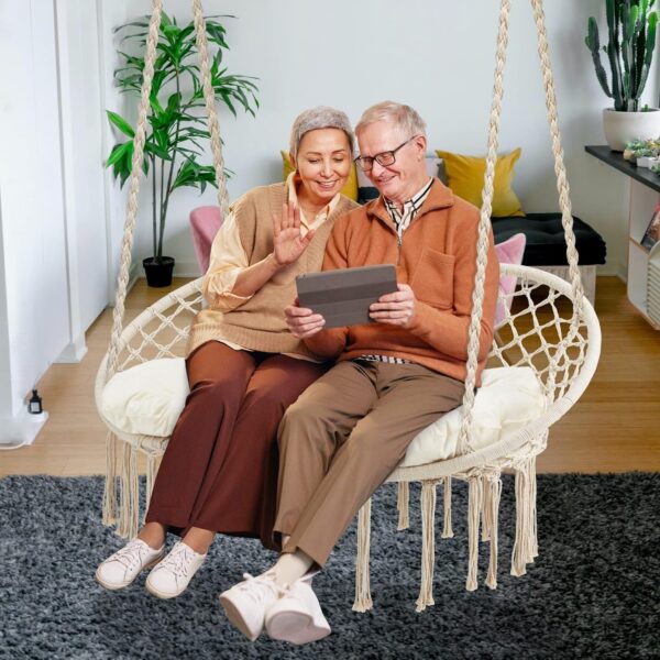 63fbcc12e1c5443485b1a2360ba9ae0d Hammock Chair Macrame Hanging Swing with Cushion,Hanging Cotton Ropes, Metal Frame, 450 lbs Capacity Indoor Outdoor, Patio, Balcony, Living,Deck, Yard, Garden(Double Swing) Beige