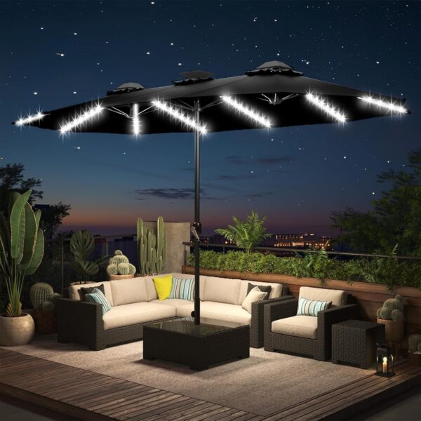 6459ce914a014e29aea2dd56d65047b3 15ft Patio Umbrella with Solar Lights, Large Double Umbrella Outdoor, Rectangle 180”x106” Umbrellas with 156 PCS LED Lights and Crank Handle for Backyard Deck Pool Shade in Black(1.9′′ Pole)
