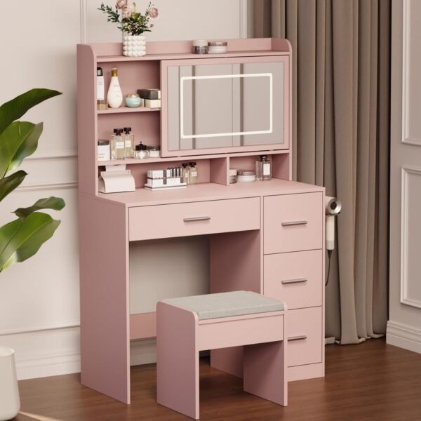 655bf81010894956a39b3b52aaa7f1b6 Vanity Desk with a Mirror and Lights,with Chair and Four Drawers, Three Adjustable Lighting Modes,with Power Outlet and Sliding LED Mirror,Bedroom Vanity Desk (White)