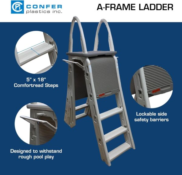 Confer Plastics 7200 Roll Guard 48′′ to 56′′ Adjustable A Frame Safety Ladder for Above Ground Outdoor Patio Swimming Pool Platform Ladder with Step Barrier, Warm Grey...