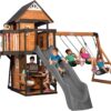 Backyard Discovery Canyon Creek Cedar Wood Swing Set with Wave Slide, Clubhouse, Play Kitchen, Picnic Area, Belt Swings, Web Swing, Rock Wall, Balconies, Playhouse, Step Ladder, Outdoor Playset