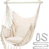 Y- Stop Hammock Chair Hanging Rope Swing, Max 500 Lbs, 2 Cushions Included, Large Macrame Hanging Chair with Pocket for Superior Comfort, with Hardware Kit (Beige)