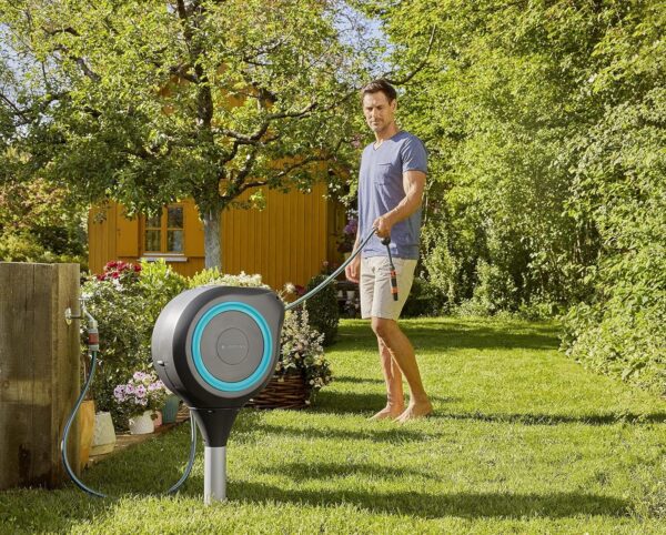 GARDENA (18614-80) 66′ x 1/2′′ Automatic Retractable Garden Hose Reel on Metal Spike, 66′ Outside Garden Hose Length, with 360° Rotation to Reach All Areas of Your Yard