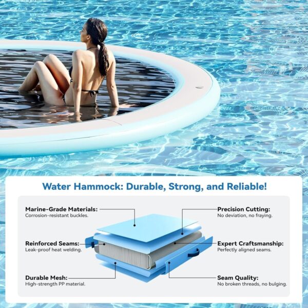 6755f71947e643cc89d563892dd21843 Round Inflatable Floating Dock, Sunchill Float Ring, Hammock Tanning Pool with 4in Woven Fabric, Manual Pump for 1-2 Min Quick Inflate/Deflate, Fits 2-8, Ideal for Lakes, Pools, Oceans