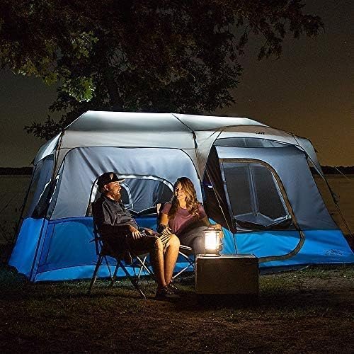 CORE Instant Cabin Tents with LED Lights | 6 Person / 9 Person / 12 Person Family Multi Room Lighted Pop Up Tents for Camping | Included Storage Pockets for Camping Accessories