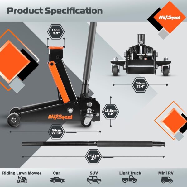 67d19c465f9341518dbdc4e80f16bfc6 3 Ton Heavy Duty Hydraulic Floor Jack for Car (6600 lbs) With Single Piston Pump, Quick Lift, Lifting Range 5.5” to 18.5”