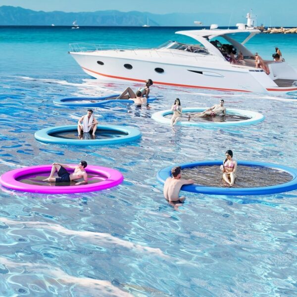 67d39ab826b446919dfbdf9c50cfbe2b Round Inflatable Floating Dock, Sunchill Float Ring, Hammock Tanning Pool with 4in Woven Fabric, Manual Pump for 1-2 Min Quick Inflate/Deflate, Fits 2-8, Ideal for Lakes, Pools, Oceans