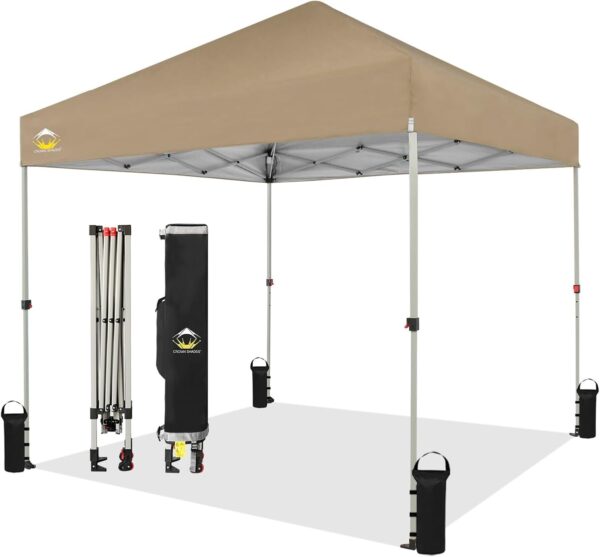 CROWN SHADES 10×10 Pop Up Canopy – Beach Tent with One Push Setup – Easy Outdoor Sun Shade for Events, Parties, Camping – Gazebo with STO-N-Go Cover Bag, Silver Coated Top, White