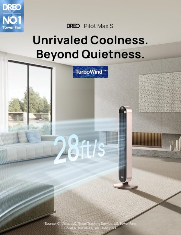 Dreo Tower Fan for Bedroom, 42 Inch 120° Oscillating Fan, 25dB Quiet DC Motor, 28ft/s Velocity Bladeless Standing Fan with 12 Speeds, 4 Modes, 12H Timer Cooling Fans for Home, Living Room, Pilot Max S