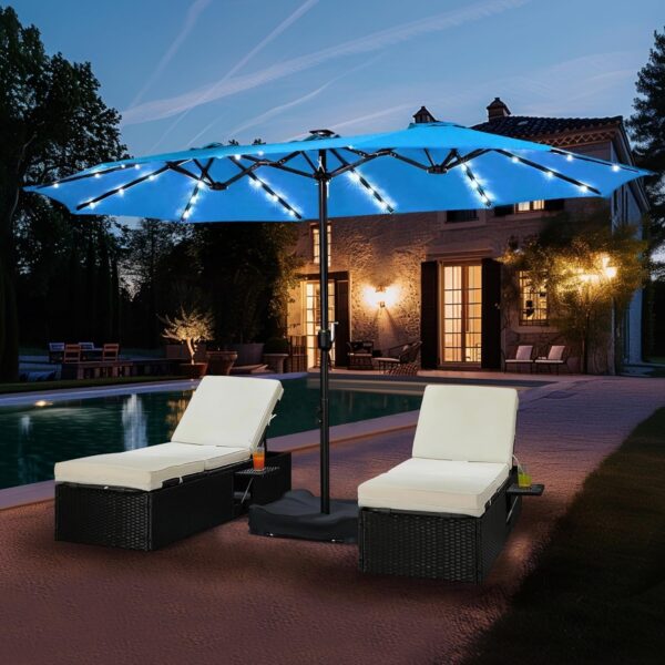 68429d54a44949d189dade69bb8386e3 15 ft Large Patio Umbrella with Solar Lights Double-Sided Outdoor Rectangle Market Umbrellas with 36 LED Lights/Base Included/Easy Crank for Patio Garden Yard Pool Lawn, Brown