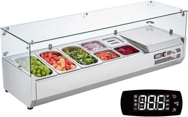 684d5bd0b6ea4afbad87dcea3bc1f124 Refrigerated Condiment Prep Station, 135 W Countertop Refrigerated Condiment Station, with 2 1/3 Pans & 4 1/6 Pans, 304 Stainless Body and PC Lid, Sandwich Prep Table with Stainless Guard, ETL