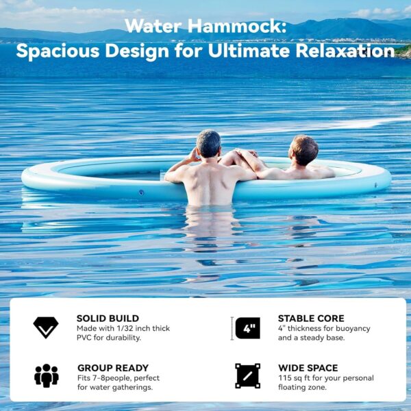 689f83c247c04cc7ace180096bf5202e Round Inflatable Floating Dock, Sunchill Float Ring, Hammock Tanning Pool with 4in Woven Fabric, Manual Pump for 1-2 Min Quick Inflate/Deflate, Fits 2-8, Ideal for Lakes, Pools, Oceans