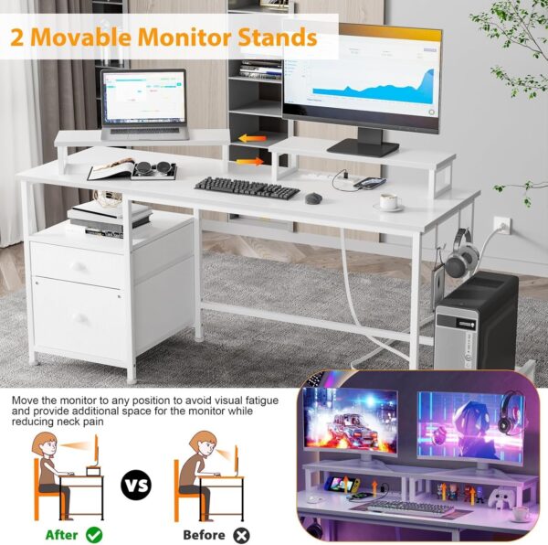 69f483590dd64d5e9a4e0c5ef3db1faa Furologee Computer Desk with Drawer and Power Outlets, 47′′ Office Desk with 2 Monitor Stands and Fabric File Cabinet, Writing Gaming Table with Shelves and 2 Hooks for Home Office, Rustic Brown
