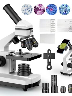 Compound Microscope for Adults & Kids – 100X-2000X High-Power Biological Microscope for Students, School Lab & Home Education, with Slides Set & Phone Adapter (White)
