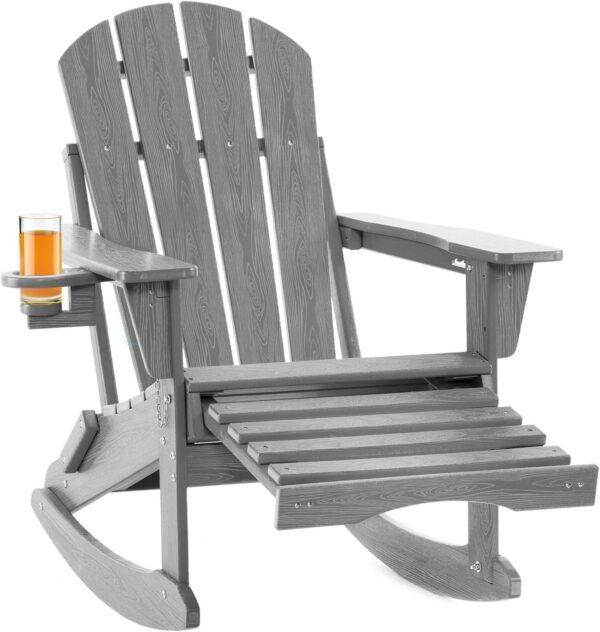 6a85cd7fb43e45e2a3bc8237ed121be8 Folding Adirondack Rocking Chair,4-in-1 Multifunctional Patio Chair with Retractable Ottoman, Outdoor Chair Wood Texture, Lawn Chair for Porch, Backyard, Pool(Grey)