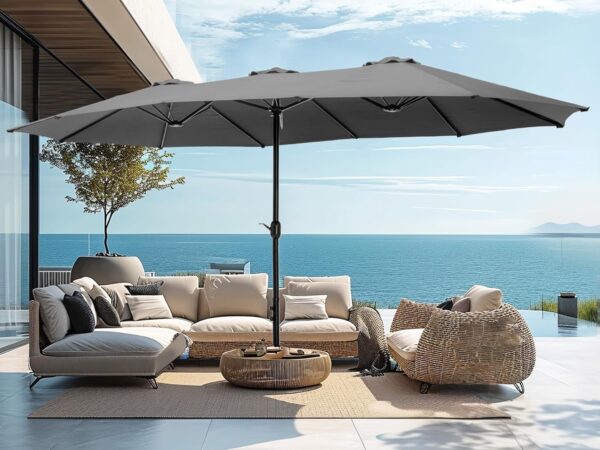 6a8ef611544947d488b4e64cdc077eb1 15ft Patio Umbrella Double-Sided Outdoor Market Extra Large Umbrella with Crank, Umbrella Base Included (Dark Red)