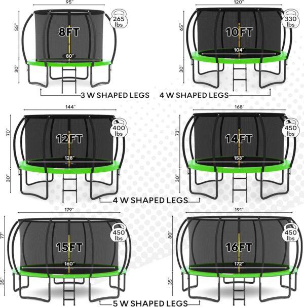 JUMPZYLLA Trampoline 8FT 10FT 12FT 14FT 15FT 16FT Trampoline with Enclosure – Recreational Trampolines with Ladder and AntiRust Coating, ASTM Approval Outdoor Trampoline for Kids