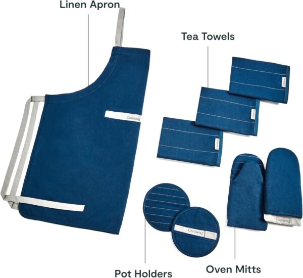 Linen Set – Apron, Pot Holders, Oven Mitts, & Tea Towels – 100% Organic Cotton – Durable, Machine Washable