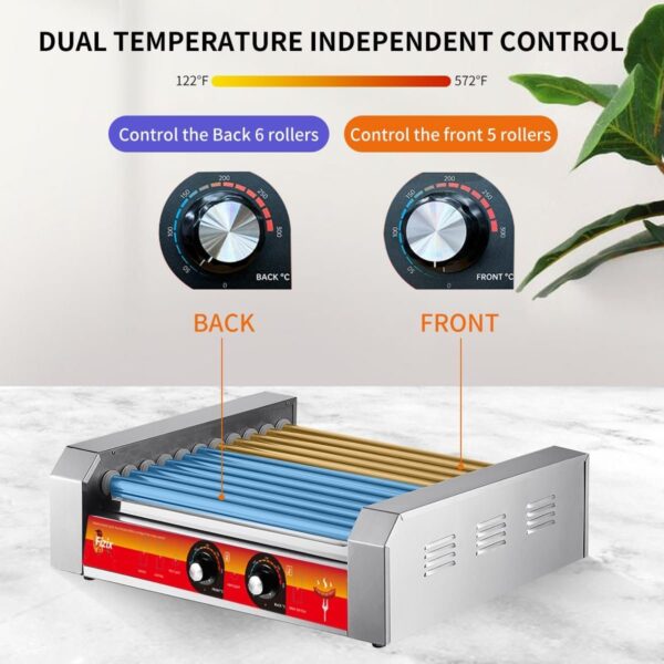 6b1376746d9d4759a6aafe233f114fd1 1670W Commercial Hot Dog Rollers,11 Rollers 30 Hotdog Roller Grill,Stainless Steel Hot Dog Machine With Dust Cover,Hot Dog Roller Machine With Dual Temp Control And Led Light/Detachable Drip Tray