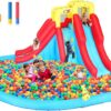 Inflatable Water Slides for Kids 8-in-1 Bounce House Water Park with 450W Blower Climbing Wall, Splash Pool, 2 Water Cannons, Basketball Hoop, Water Slide, Crocodile Sprinkler for Gift Backyard Party