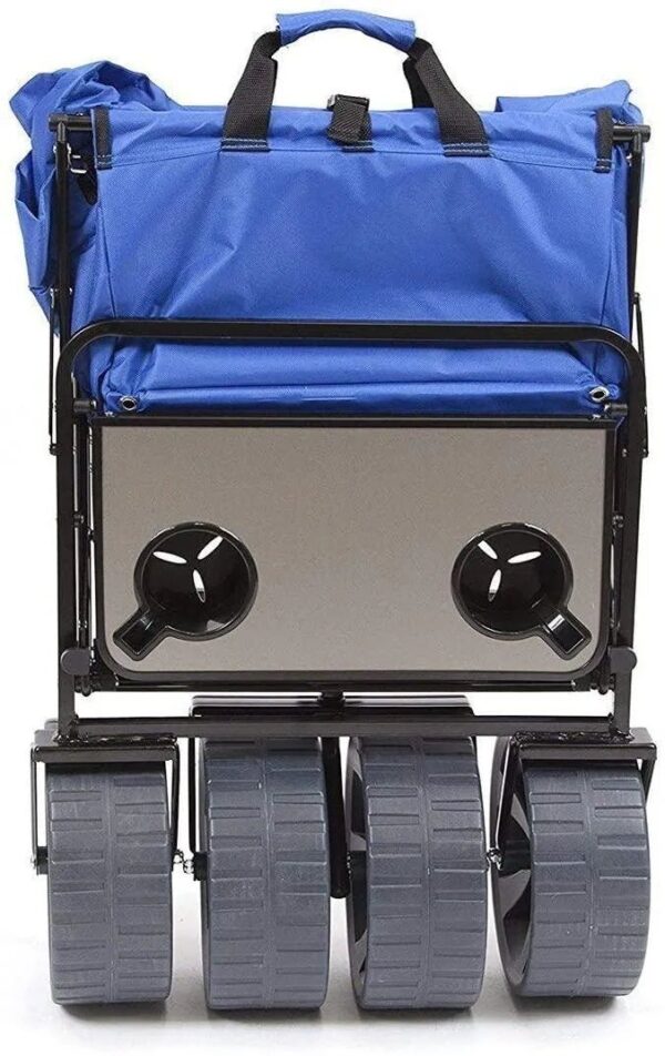 All Terrain Beach Wagon with Side Table|Heavy Duty Collapsible Folding Cart with Large Wheels for Beach Day, Picnic, Camping, Outdoor Activities | Blue/White