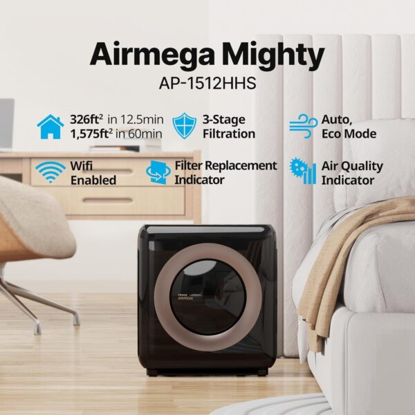 Airmega AP-1512HH(W) True HEPA Purifier with Air Quality Monitoring, Auto, Timer, Filter Indicator, and Eco Mode, 16.8 x 18.3 x 9.7, White