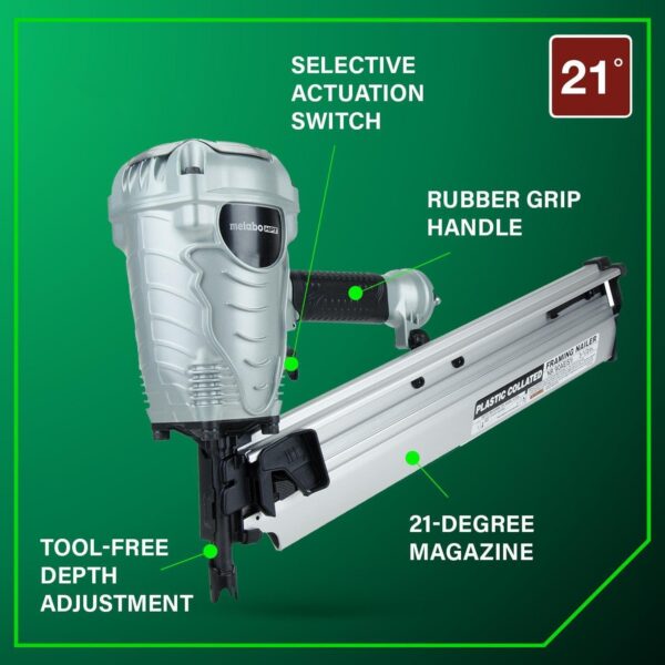 6cb8cd35a66545faa3b5794b8e734537 Framing Nailer, Pro Preferred Brand of Pneumatic Nailers, 21 Degree Magazine, Accepts 2-Inch to 3-1/2-Inch Plastic Collated Nails, Ideal for Framing, Flooring, & Roof Decking, NR90AES1