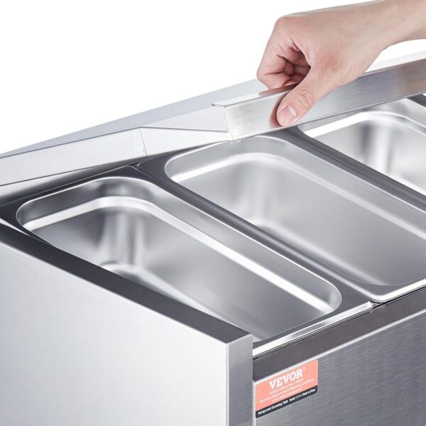 6d3503a690fd4a5c91a6a5bbd65a31f3 Refrigerated Condiment Prep Station, 135 W Countertop Refrigerated Condiment Station, with 2 1/3 Pans & 4 1/6 Pans, 304 Stainless Body and PC Lid, Sandwich Prep Table with Stainless Guard, ETL