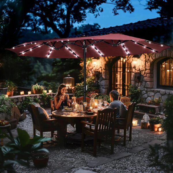 6d6dca3fc33749e89d5895e9edbb884f 15 ft Large Patio Umbrella with Solar Lights Double-Sided Outdoor Rectangle Market Umbrellas with 36 LED Lights/Base Included/Easy Crank for Patio Garden Yard Pool Lawn, Brown