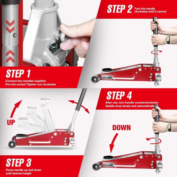 6d7503f9cff84d408b821f3c9573e2f7 3 Ton Low Profile, Aluminum and Steel Racing Floor Jack with Dual Pistons Quick Lift Pump for Sport Utility Vehicle, Lifting Range 3-15/16′′ min to 18-5/16′′ max, Red