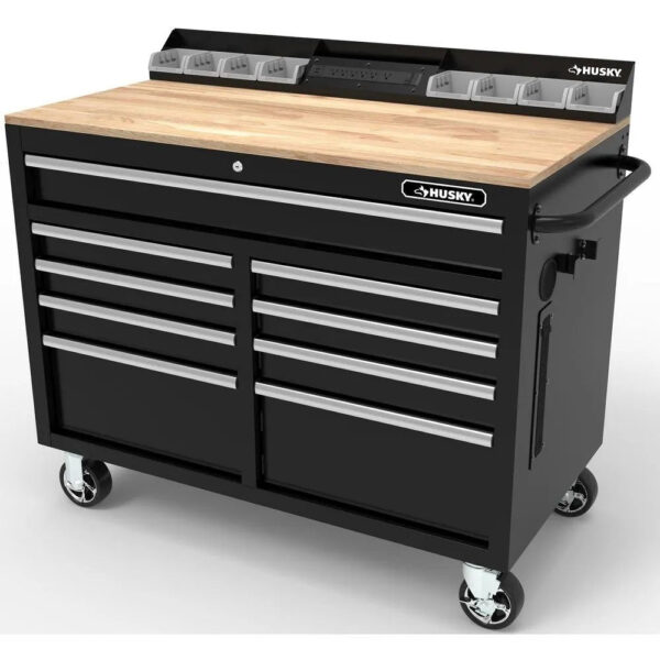 6d880005a75047f297ac8e12c427a0ca 46 in. W x 24.5 in. D 9-Drawer Gloss Black Deep Tool Chest Mobile Workbench with Hardwood Top and Power Station