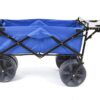 All Terrain Beach Wagon with Side Table|Heavy Duty Collapsible Folding Cart with Large Wheels for Beach Day, Picnic, Camping, Outdoor Activities | Blue/White