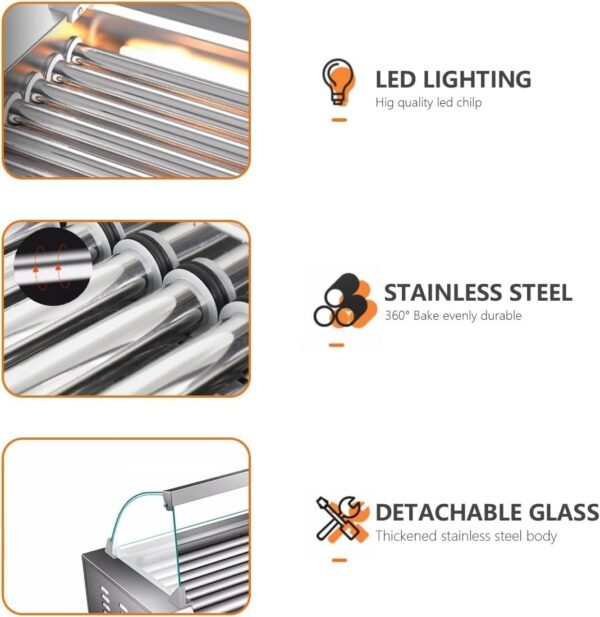 6f7a773d8b9e44549b0ddccf2a154a59 1670W Commercial Hot Dog Rollers,11 Rollers 30 Hotdog Roller Grill,Stainless Steel Hot Dog Machine With Dust Cover,Hot Dog Roller Machine With Dual Temp Control And Led Light/Detachable Drip Tray