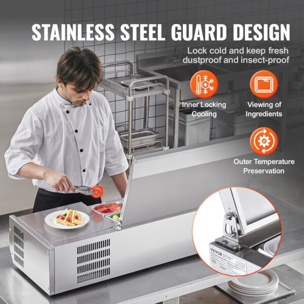 6f9581de4eec4622a76e4b5a6ce9272c Refrigerated Condiment Prep Station, 135 W Countertop Refrigerated Condiment Station, with 2 1/3 Pans & 4 1/6 Pans, 304 Stainless Body and PC Lid, Sandwich Prep Table with Stainless Guard, ETL
