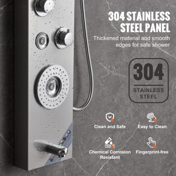 Shower Panel System, 6 Shower Modes, LED & Display Shower Panel Tower, Rainfall, Waterfall, 4 Body Massage Jets, Tub Spout, Handheld Shower Head 59′′ Hose, Stainless Steel Wall-Mounted Shower Set