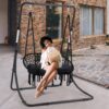 Hammock Chair Macrame Hanging Swing with Cushion,Hanging Cotton Ropes, Metal Frame, 450 lbs Capacity Indoor Outdoor, Patio, Balcony, Living,Deck, Yard, Garden(Double Swing) Beige