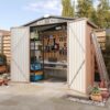 Aoxun 6.2×4 FT Shed Outdoor Storage Shed Metal Garden Shed with Lockable Doors & Slooping Roof Tool Shed Bike Shed for Backyard, Patio, Poolside (Brown)