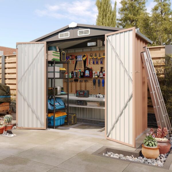 709c2f70fad74a17a460abf5f55440dc Aoxun 6.2×4 FT Shed Outdoor Storage Shed Metal Garden Shed with Lockable Doors & Slooping Roof Tool Shed Bike Shed for Backyard, Patio, Poolside (Brown)