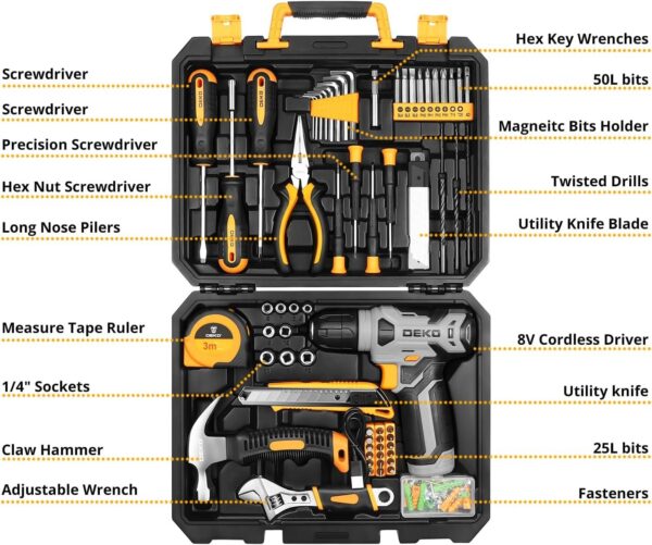 DEKOPRO Tool Set:Tool Kit with 8V Cordless Drill,Tool Box with Drill,Hand Drill Set for Men & Women,Home Tool Kits for House Repair,Handyman,DIY 126 Piece