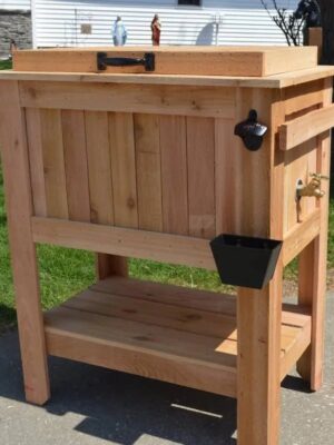 All Weather 48 Quart Antiqued Cedar Cooler Stand with Brass Drain, Bottle Opener and Cap Catcher, Beer Cooler.