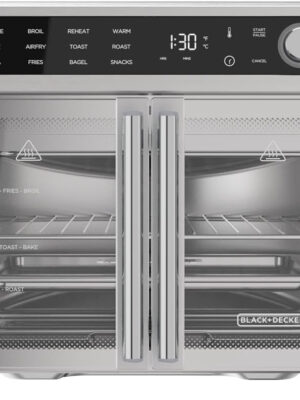Crisp ‘N Bake Air Fryer Toaster Oven Combo, 12 in 1 Countertop Convection Oven Cooks Food Fast, Fits a Whole Pizza or 6 Toast Slices, French Doors with Stainless Steel Finish