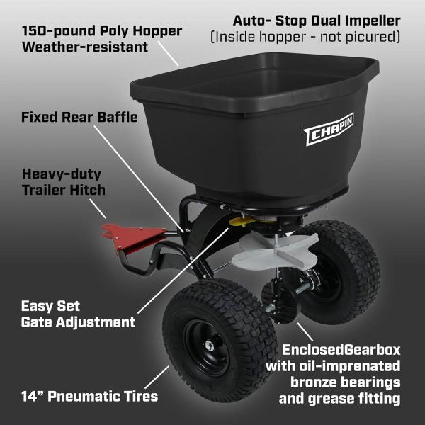 Chapin 8622B Made in The USA 150-Pound Tow and Pull Behind Spreader, Hitch Pins, Black