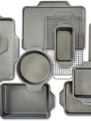 All-Clad Pro-Release Nonstick Bakeware Set 10 Piece Oven Safe 450F Half Sheet, Cookie Sheet, Muffin Pan, Cooling & Baking Rack, Round Cake Pan, Loaf Pan, Baking Pan Grey