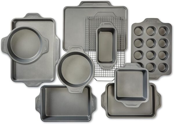 7205094874574897a7385ccbda0bc152 All-Clad Pro-Release Nonstick Bakeware Set 10 Piece Oven Safe 450F Half Sheet, Cookie Sheet, Muffin Pan, Cooling & Baking Rack, Round Cake Pan, Loaf Pan, Baking Pan Grey