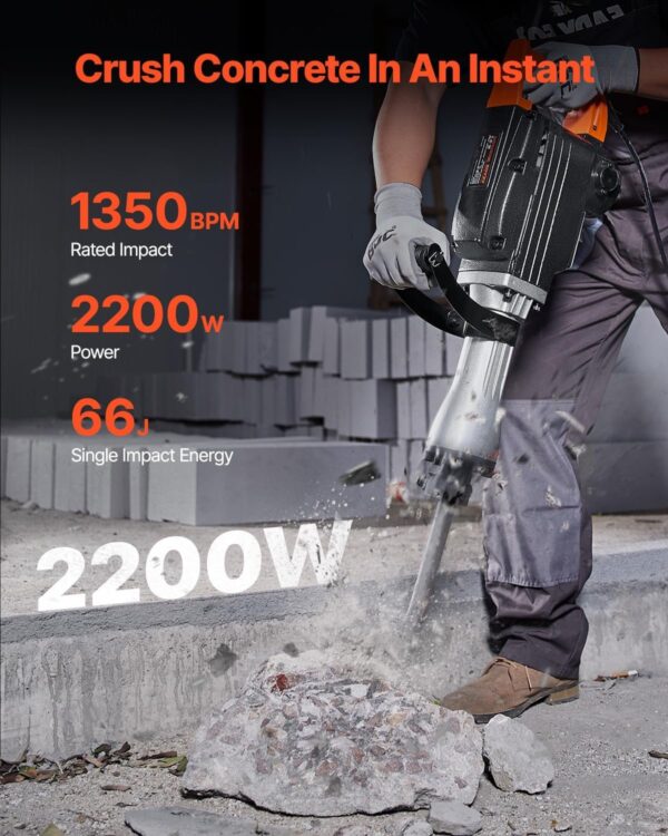 Demolition Jack Hammer, 1350 BPM Concrete Breaker 6pcs Chisels Bit Chipping with Case, 2200W Electric Jackhammer Heavy Duty, Black